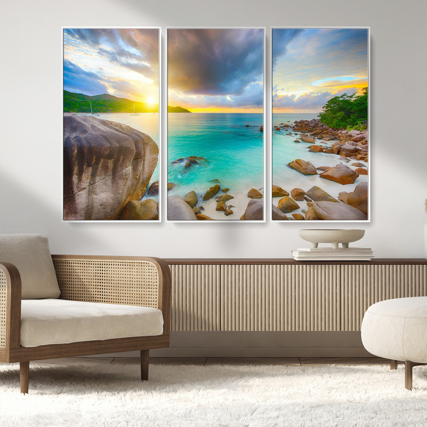 23769-MGV-CV-36X24-Tropical Beach Sunset Wall Art – Ocean Waves and Rocky Shore Canvas Print, Coastal Seascape Photography Decor