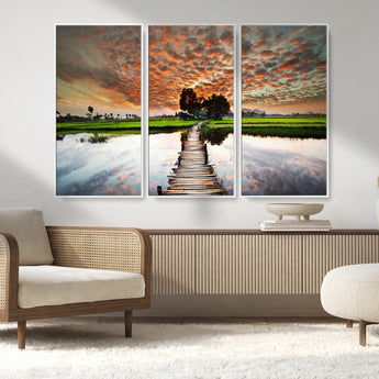 29105-MGV-CV-36X24-Rustic Wooden Bridge Wall Art – Scenic Sunset Over Rice Fields and Reflective Water Canvas Print, Nature Landscape Decor for