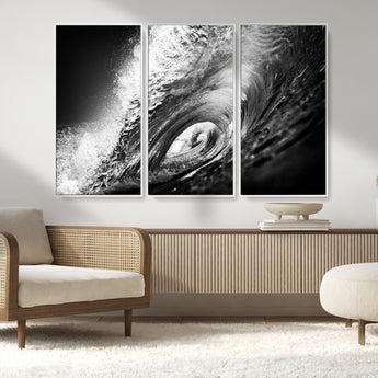 22702-MGV-CV-36X24-Black and White Ocean Wave Wall Art – Powerful Surf Curl Photography Canvas Print, Modern Coastal Decor for Living Room, Office or
