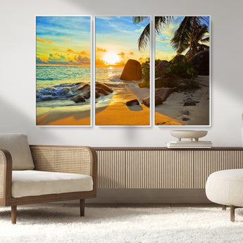 26181-MGV-CV-36X24-Golden Tropical Sunset Beach Wall Art – Ocean Canvas Print with Palm Trees and Rocks, Coastal Paradise Decor for Living Room or