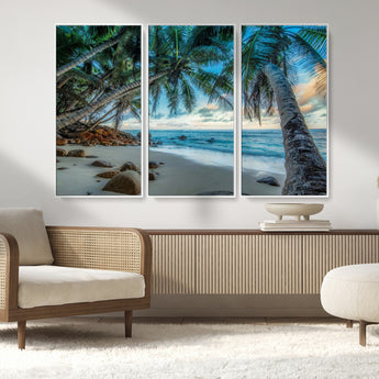39679-MGV-CV-36X24-Tropical Palm Beach Wall Art – Serene Ocean Canvas Print with Palm Trees and Rocks, Coastal Paradise Decor for Living Room or