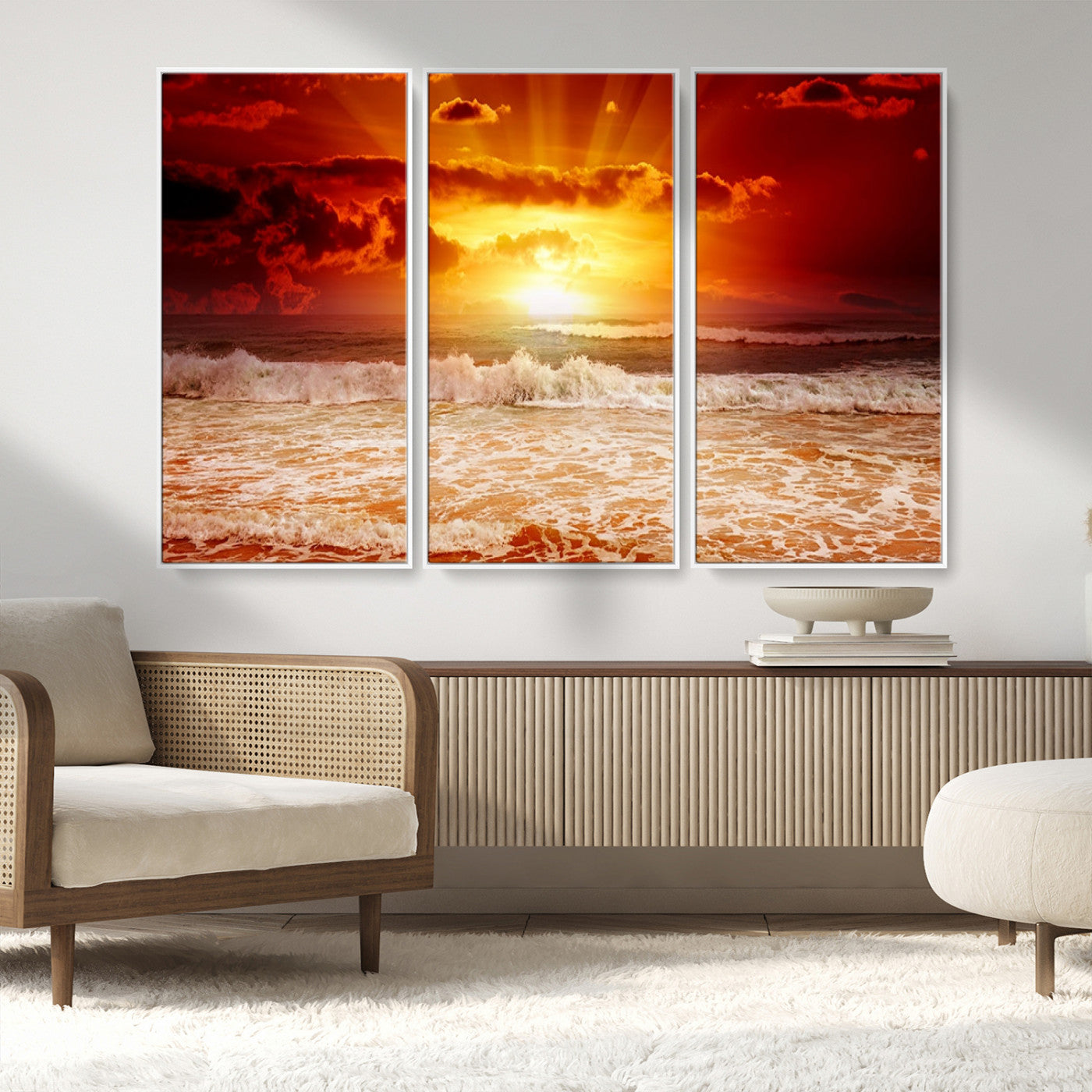 60211-MGV-CV-36X24-Fiery Sunset Ocean Waves Canvas Print – Vibrant Red & Orange Coastal Wall Art, Dramatic Seascape Decor