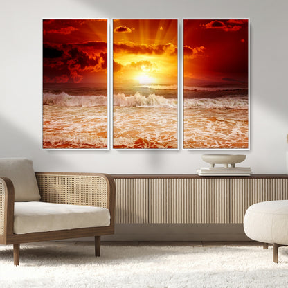 60211-MGV-CV-36X24-Fiery Sunset Ocean Waves Canvas Print – Vibrant Red & Orange Coastal Wall Art, Dramatic Seascape Decor