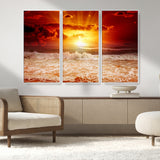 60211-MGV-CV-36X24-Fiery Sunset Ocean Wall Art – Red Sky Seascape Canvas Print with Waves, Bold Coastal Sunset Decor for Living Room or Bedroom