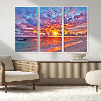 72836-MGV-CV-36X24-Fiery Sunset Beach Wall Art – Panoramic Vibrant Ocean Canvas Print, Dramatic Coastal Decor for Living Room, Bedroom or Office