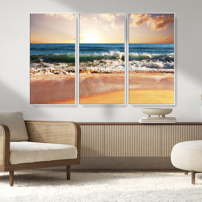 79005-MGV-CV-36X24-Golden Sunrise Ocean Waves Wall Art – Panoramic Seashore Canvas Print, Calming Coastal Decor for Home, Office or Relaxation Space