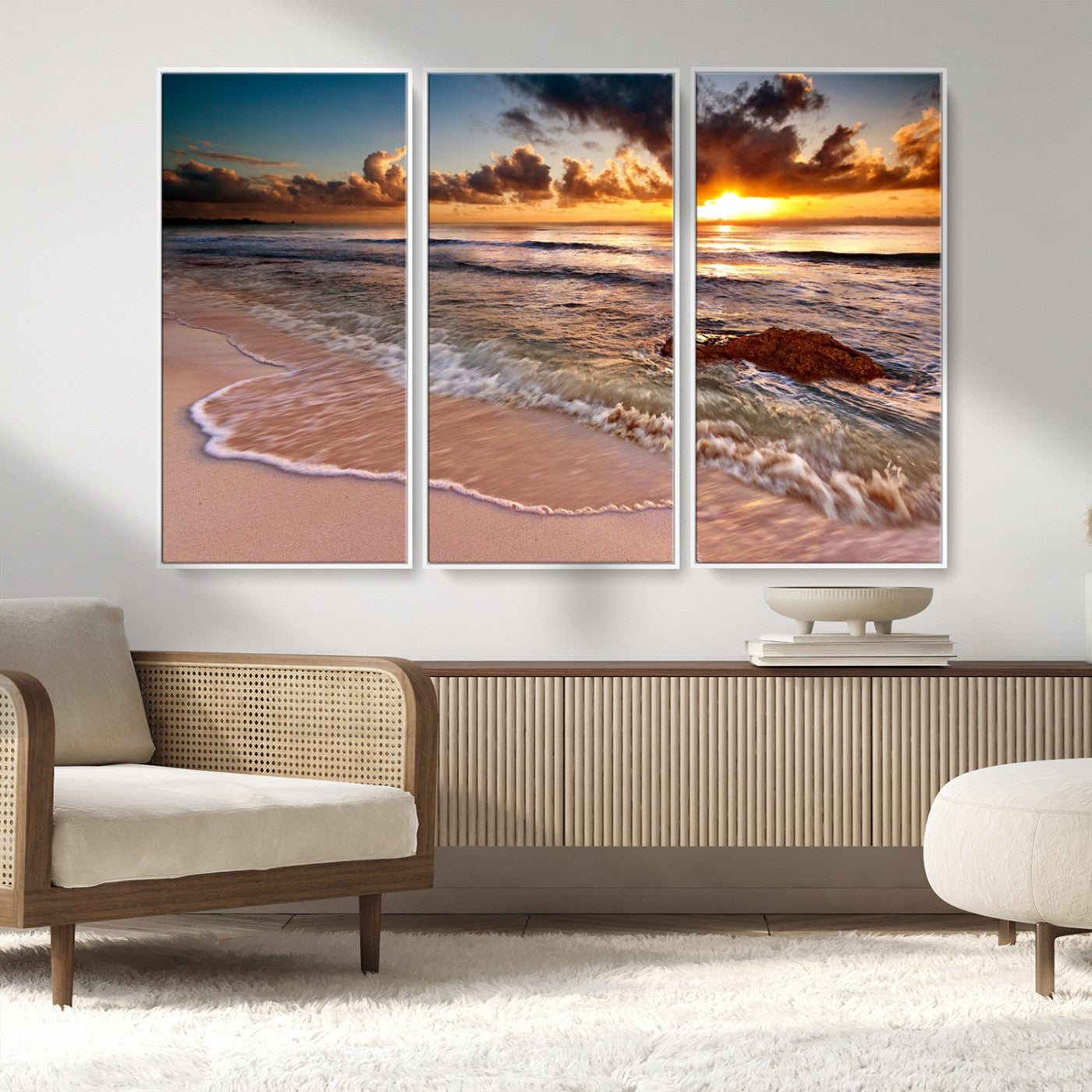 80979-MGV-CV-36X24-Golden Sunrise Beach Wall Art – Ocean Waves and Sandy Shore Canvas Print, Coastal Sunset Photography Artwork for Living Room,
