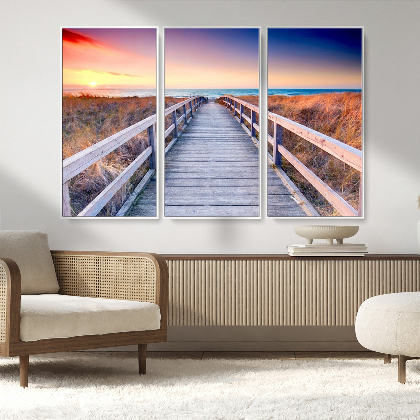60625-MGV-CV-36X24-Beach Boardwalk Sunrise Wall Art – Coastal Pathway to Ocean Canvas Print, Seaside Landscape Decor for Home or Office