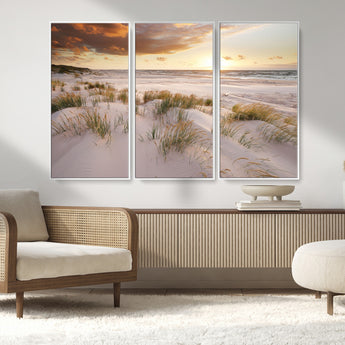 61246-MGV-CV-36X24-Coastal Sand Dunes Wall Art – Serene Beach Sunset Canvas Print with Grasses and Ocean View, Tranquil Seaside Decor for Living Room