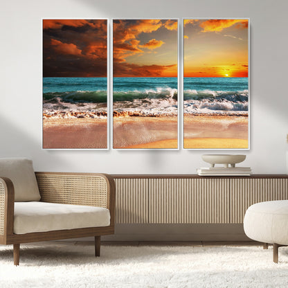 72948-MGV-CV-36X24-Ocean Sunset Wave Wall Art – Dramatic Seascape Canvas Print with Golden Sky and Crashing Waves, Coastal Beach Decor for Living