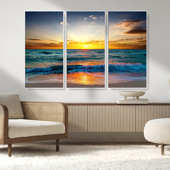 50627-MGV-CV-36X24-Ocean Sunset Wall Art – Serene Beach Canvas Print with Waves and Golden Sky, Coastal Decor for Living Room or Office