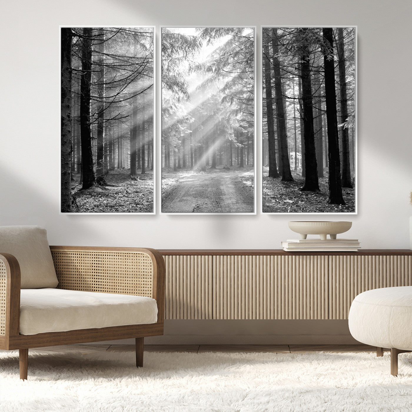 39665-MGV-CV-36X24-Black and White Forest Path Wall Art – Sunlight Rays in Trees Canvas Print, Nature Landscape Decor for Living Room