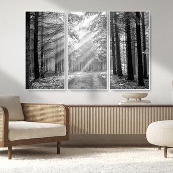 39665-MGV-CV-36X24-Black and White Forest Path Wall Art – Sunlight Rays in Trees Canvas Print, Nature Landscape Decor for Living Room