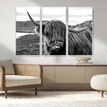 83810-MGV-CV-36X24-Highland Cow Wall Art – Black and White Highland Cattle Print, Rustic Farmhouse Animal Decor for Living Room