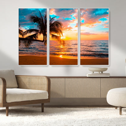 34674-MGV-CV-36X24-Tropical Sunset Beach Wall Art – Palm Tree Ocean Canvas Print, Coastal Seascape Decor for Living Room or Office Wall