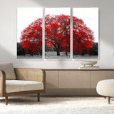 80021-MGV-FC-48X32-3P_White-Red Tree Wall Art – Striking Black and White Landscape Canvas Print with Vibrant Red Leaves, Modern Nature Decor for Living Room