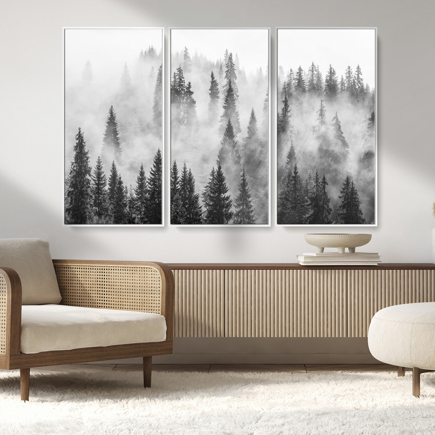 10422-MGV-CV-36X24-Misty Pine Forest Wall Art – Black and White Foggy Landscape Canvas Print, Serene Nature Woodland Decor for Bedroom, Office or