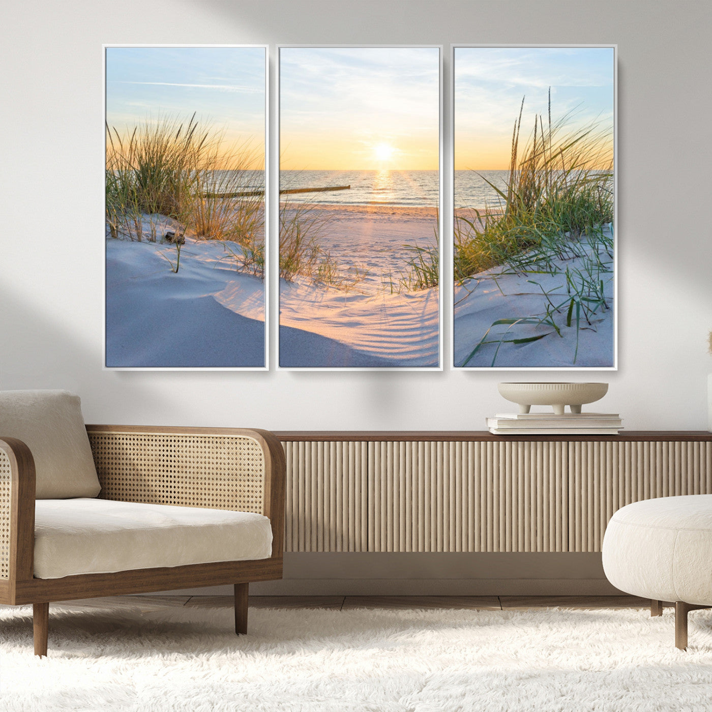 48907-MGV-CV-36X24-Beach Sunset Wall Art – Coastal Sand Dunes and Ocean View Canvas Print, Serene Seaside Landscape Painting for Living Room, Bedroom