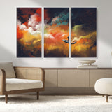 45085-MGV-CV-36X24-Surreal Cosmic Wall Art – Abstract Galaxy Dreamscape Canvas Print with Man and Dog in Boat, Fantasy Nebula Painting for Living