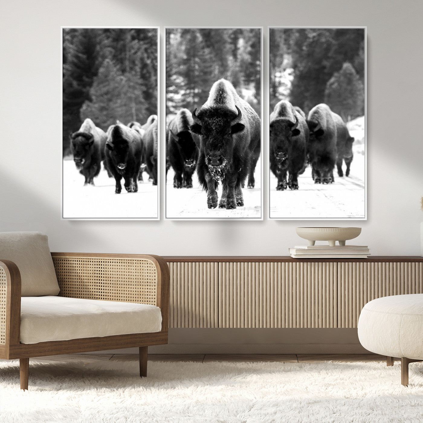 62434-MGV-CV-36X24-Bison Herd Wall Art – Majestic Black and White Buffalo Canvas Print, Wildlife Nature Photography Decor for Living Room, Office or