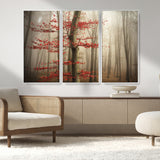 61855-MGV-FC-48X32-3P_White-Misty Forest Wall Art – Red Tree with Autumn Leaves Canvas Print, Moody Woodland Nature Decor for Living Room, Bedroom, or Office