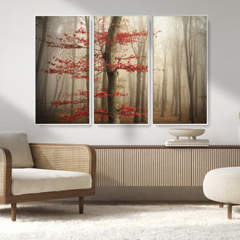 61855-MGV-FC-48X32-3P_White-Misty Forest Wall Art – Red Tree with Autumn Leaves Canvas Print, Moody Woodland Nature Decor for Living Room, Bedroom, or Office