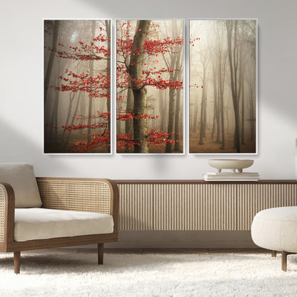 61855-MGV-CV-36X24-Misty Forest Wall Art – Red Tree with Autumn Leaves Canvas Print, Moody Woodland Nature Decor for Living Room, Bedroom, or Office