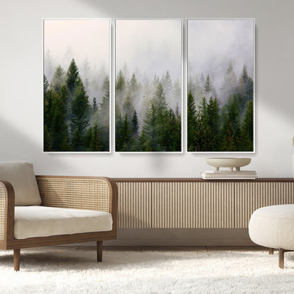 11436-MGV-CV-36X24-Misty Forest Wall Art – Tranquil Evergreen Tree Canvas Print with Foggy Landscape, Nature Inspired Artwork for Bedroom, Living