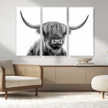 10123-MGV-CV-36X24-Black and White Highland Cow Wall Art – Modern Farmhouse Animal Print, Rustic Scottish Bull Canvas Decor for Living Room, Bedroom,