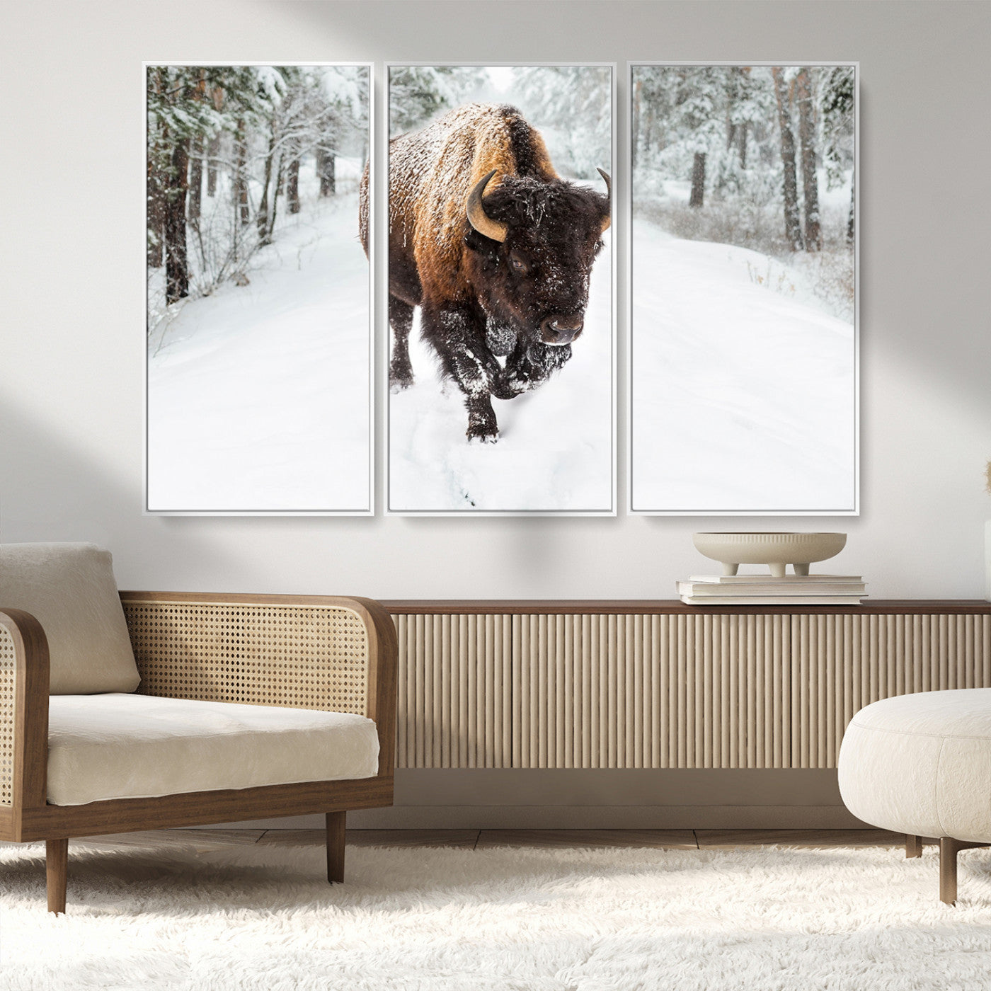 10109-MGV-CV-36X24-Majestic Bison Winter Wall Art – Snowy Forest Buffalo Canvas Print, Rustic Wildlife Photography Decor for Cabin, Lodge, Living