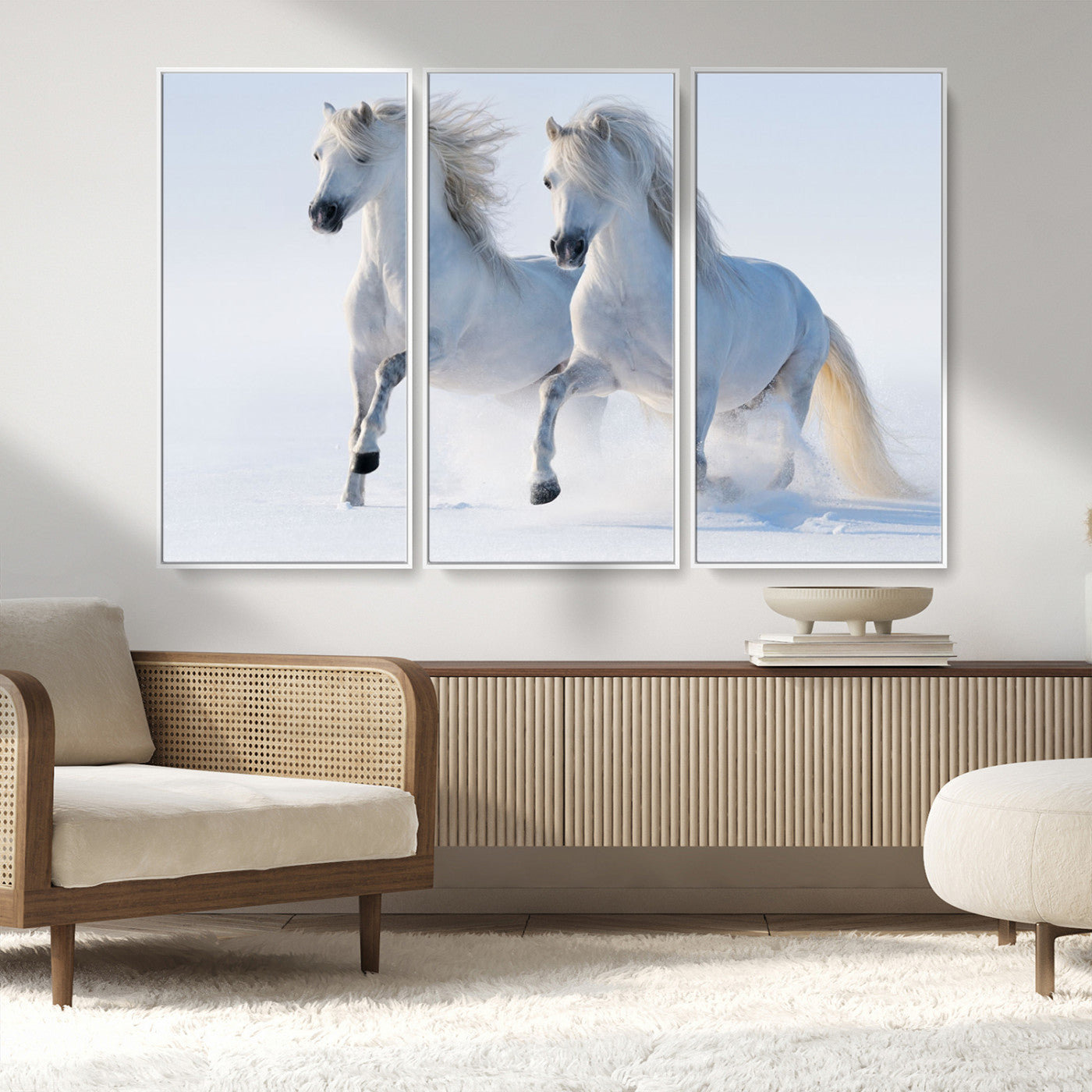 80145-MGV-CV-36X24-White Horses Running Snow Wall Art – Majestic Equine Canvas Print, Winter Nature Photography Decor for Living Room, Office,