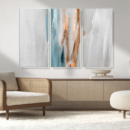 66154-MGV-FC-48X32-3P_White-Abstract Brushstroke Wall Art – Modern Teal and Gold Canvas Print, Minimalist Contemporary Painting for Living Room, Bedroom, or