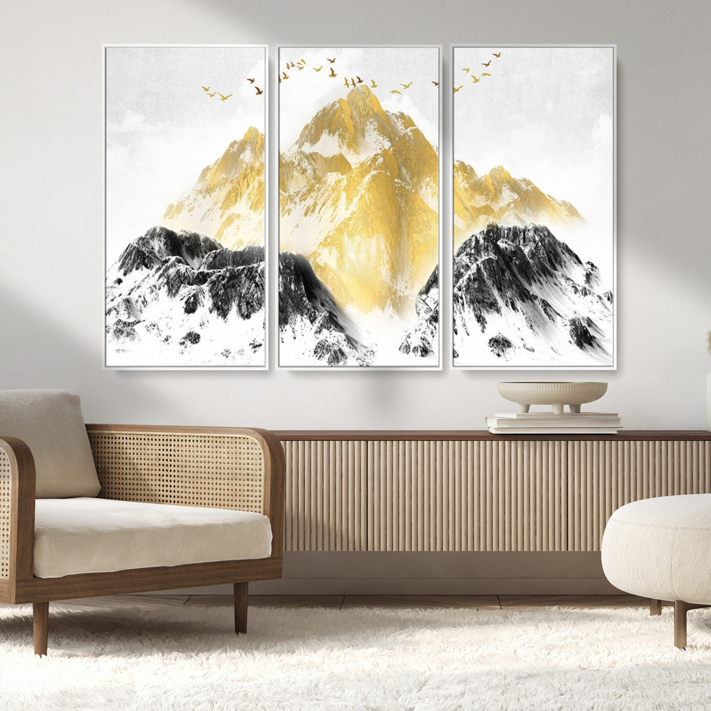 37733-MGV-CV-36X24-Golden Mountain Wall Art – Modern Abstract Landscape Canvas Print with Birds, Luxury Nature Decor for Living Room, Bedroom, or