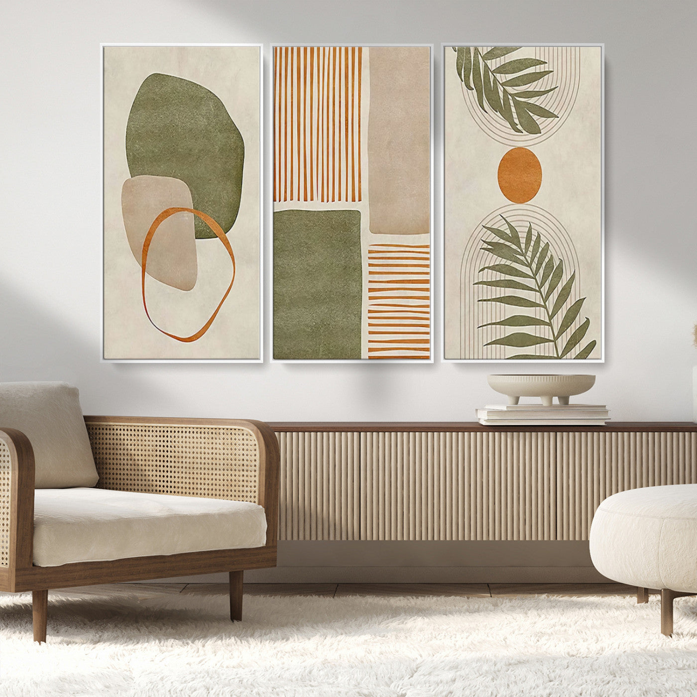 96002-MGV-FC-48X32-3P_White-Abstract Geometric Wall Art – Modern Canvas Print with Green, Orange & Beige Shapes, Minimalist Home Decor for Living Room, Office