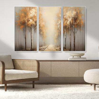 95004-MGV-FC-48X32-3P_White-Autumn Forest Path Wall Art – Hand Painted Canvas Print with Golden Trees, Modern Nature Landscape Decor for Living Room, Bedroom