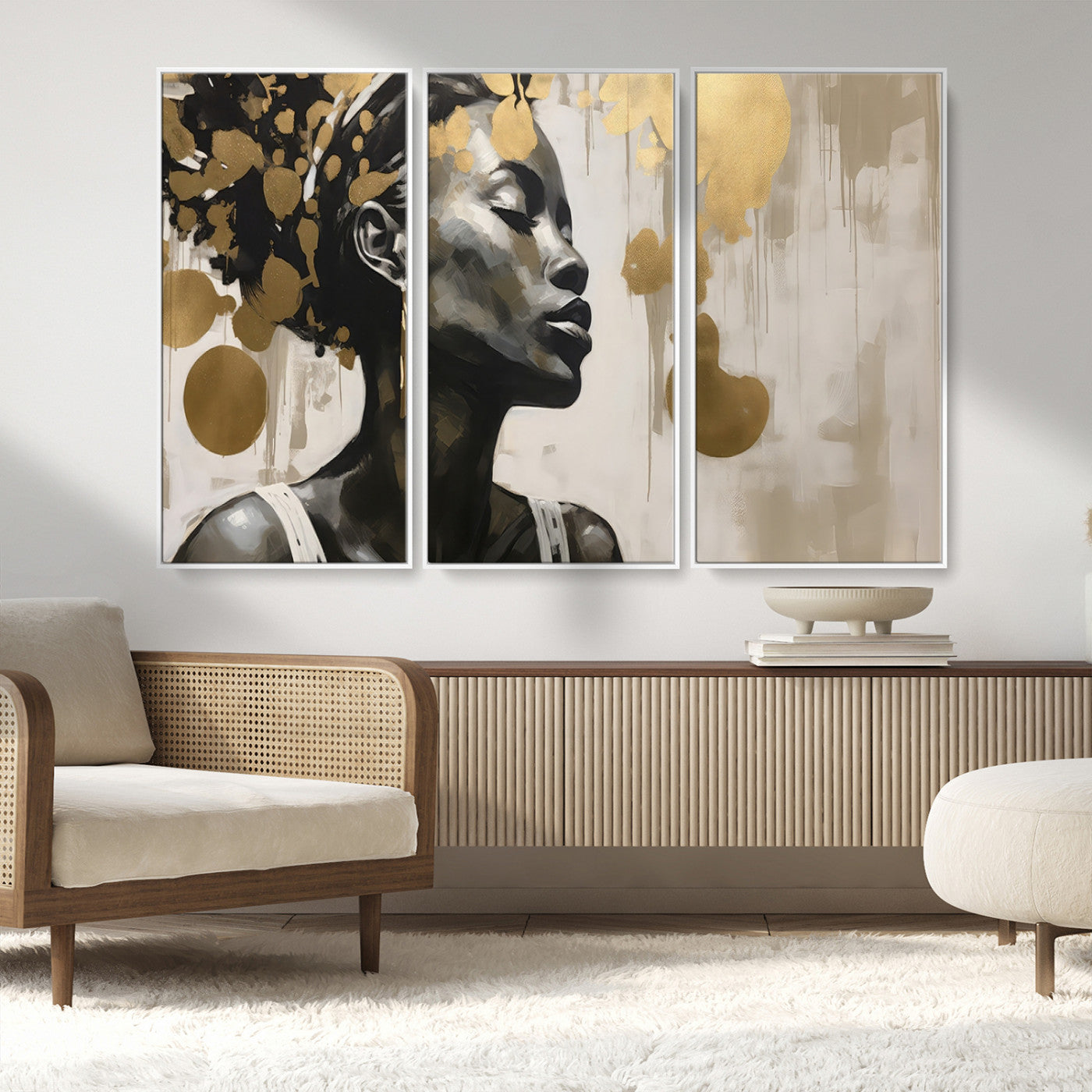 65669-MGV-CV-36X24-Elegant Black Woman Wall Art – Modern Abstract Portrait Canvas with Gold Accents, Contemporary Afrocentric Decor for Living Room