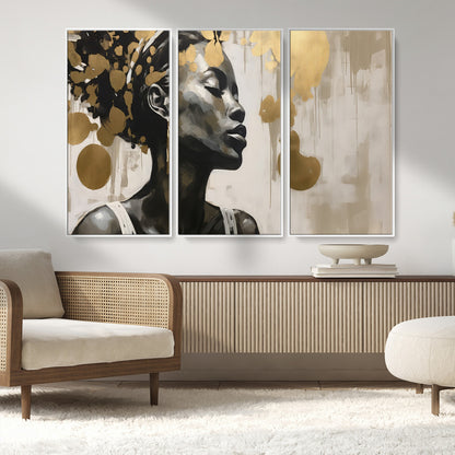 65669-MGV-CV-36X24-Elegant Black Woman Wall Art – Modern Abstract Portrait Canvas with Gold Accents, Contemporary Afrocentric Decor for Living Room