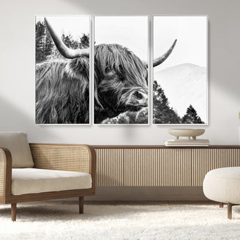 61570-MGV-FC-48X32-3P_White-Highland Cow Wall Art – Black and White Scottish Bull Canvas Print, Rustic Farmhouse Animal Decor for Living Room, Bedroom, or