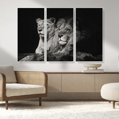 80013-MGV-FC-48X32-3P_White-Lion and Lioness Wall Art – Black and White Wildlife Photography Canvas Print, African Safari Animal Decor for Office, Bedroom, or