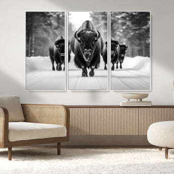 45287-MGV-CV-36X24-Bison Herd Wall Art – Black and White Buffalo Snow Road Canvas Print, Rustic Wildlife Decor for Cabin, Lodge or Living Room