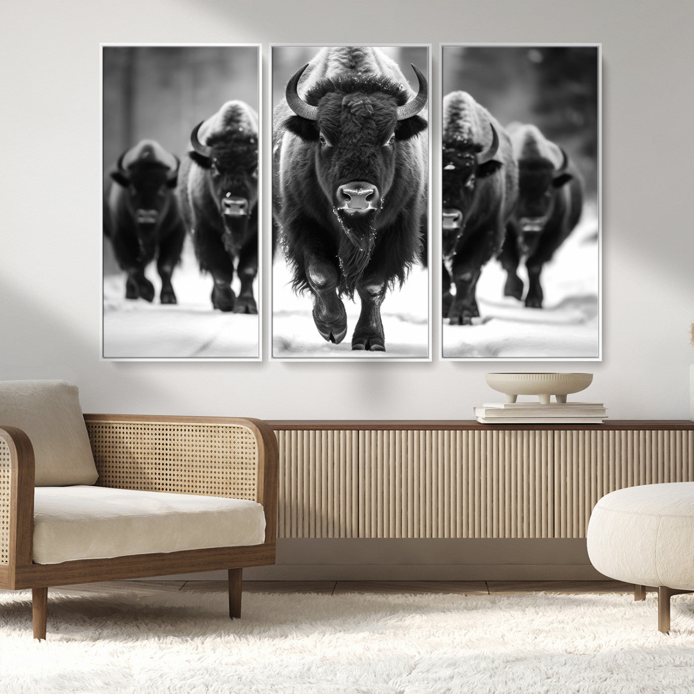 79872-MGV-CV-36X24-Bison Herd Wall Art – Black and White Buffalo on Snow Canvas Print, Rustic Wildlife Decor for Lodge, Cabin, or Living Room
