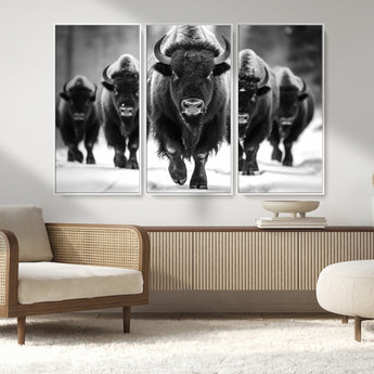 79872-MGV-CV-36X24-Bison Herd Wall Art – Black and White Buffalo on Snow Canvas Print, Rustic Wildlife Decor for Lodge, Cabin, or Living Room