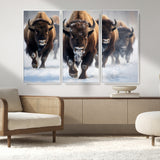 80512-MGV-CV-36X24-Bison Herd Wall Art – Buffalo Running in Snow Canvas Print, Rustic Wildlife Photography Decor for Cabin, Lodge, or Living Room