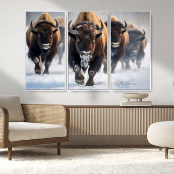 80512-MGV-CV-36X24-Bison Herd Wall Art – Buffalo Running in Snow Canvas Print, Rustic Wildlife Photography Decor for Cabin, Lodge, or Living Room