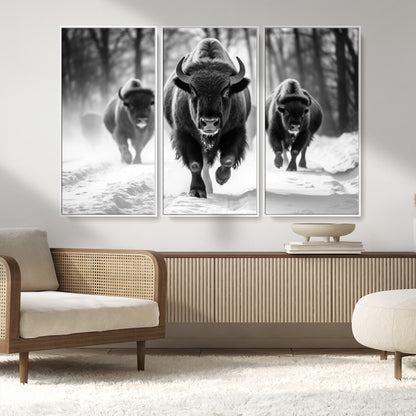 97552-MGV-CV-36X24-Black and White Bison Wall Art – Buffalo Herd Running in Snow Canvas Print, Rustic Wildlife Photography Decor for Cabin, Lodge, or
