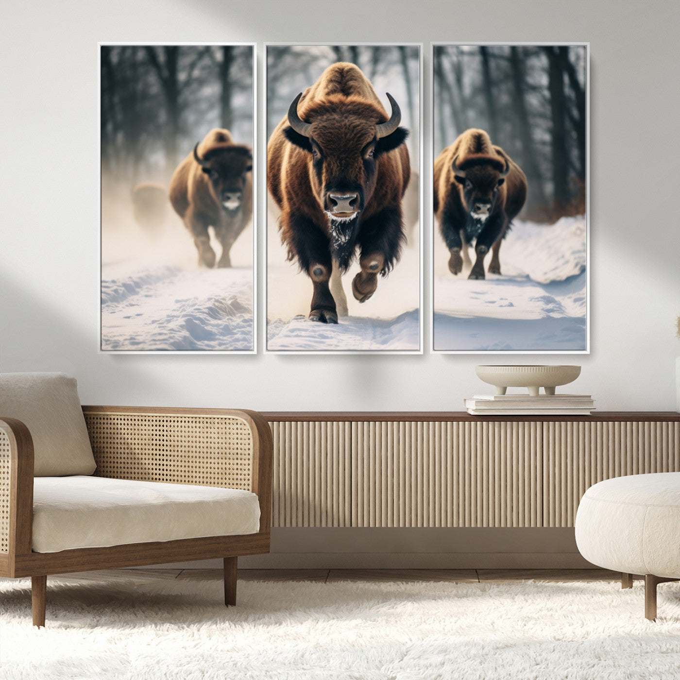 56549-MGV-CV-36X24-Wild Bison Wall Art – Majestic Buffalo Herd Running in Snow Canvas Print, Rustic Wildlife Photography Decor for Cabin, Lodge, or