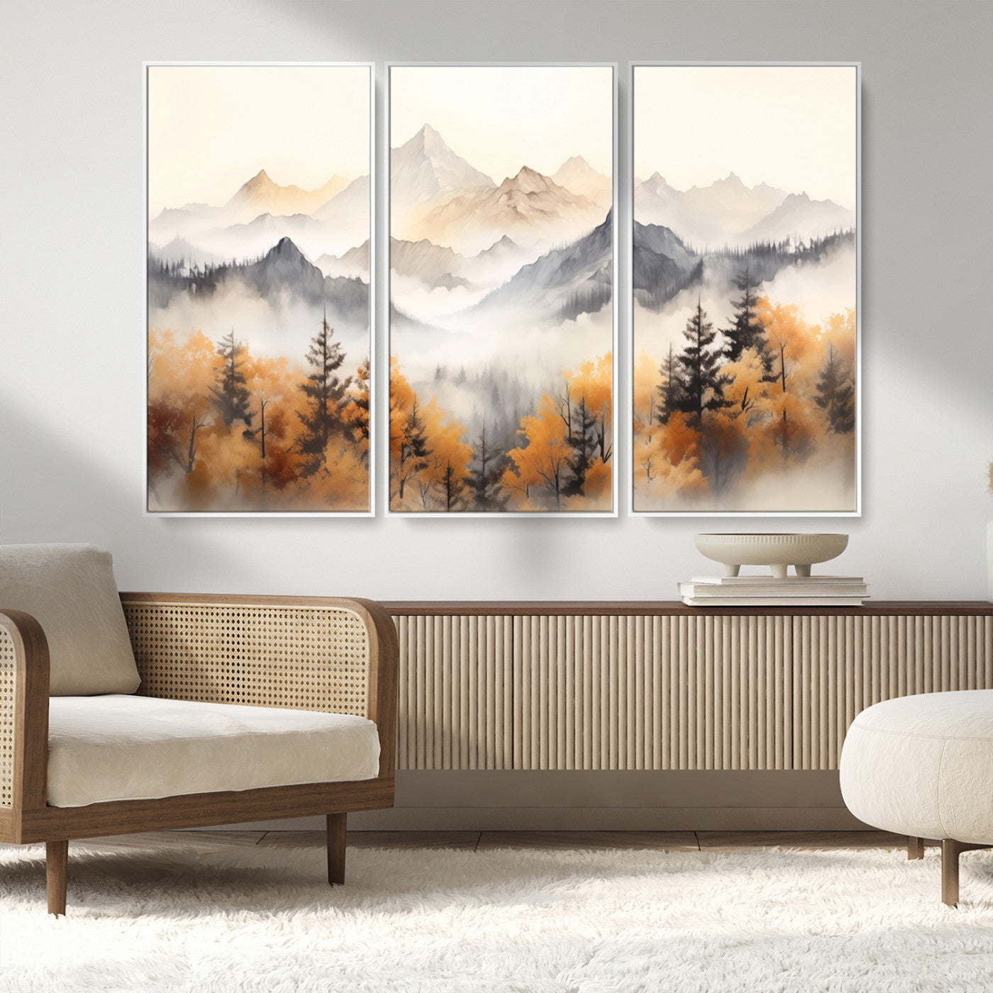 70049-MGV-FC-48X32-3P_White-Autumn Mountain Forest Wall Art – Misty Landscape Canvas Print, Rustic Nature Inspired Decor for Living Room, Bedroom or Office