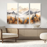 70049-MGV-FC-48X32-3P_White-Autumn Mountain Forest Wall Art – Misty Landscape Canvas Print, Rustic Nature Inspired Decor for Living Room, Bedroom or Office