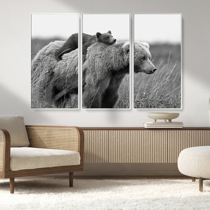 76338-MGV-CV-36X24-Mother Bear and Cub Wall Art – Black and White Wildlife Canvas Print, Rustic Nature Photography for Cabin, Living Room or Office
