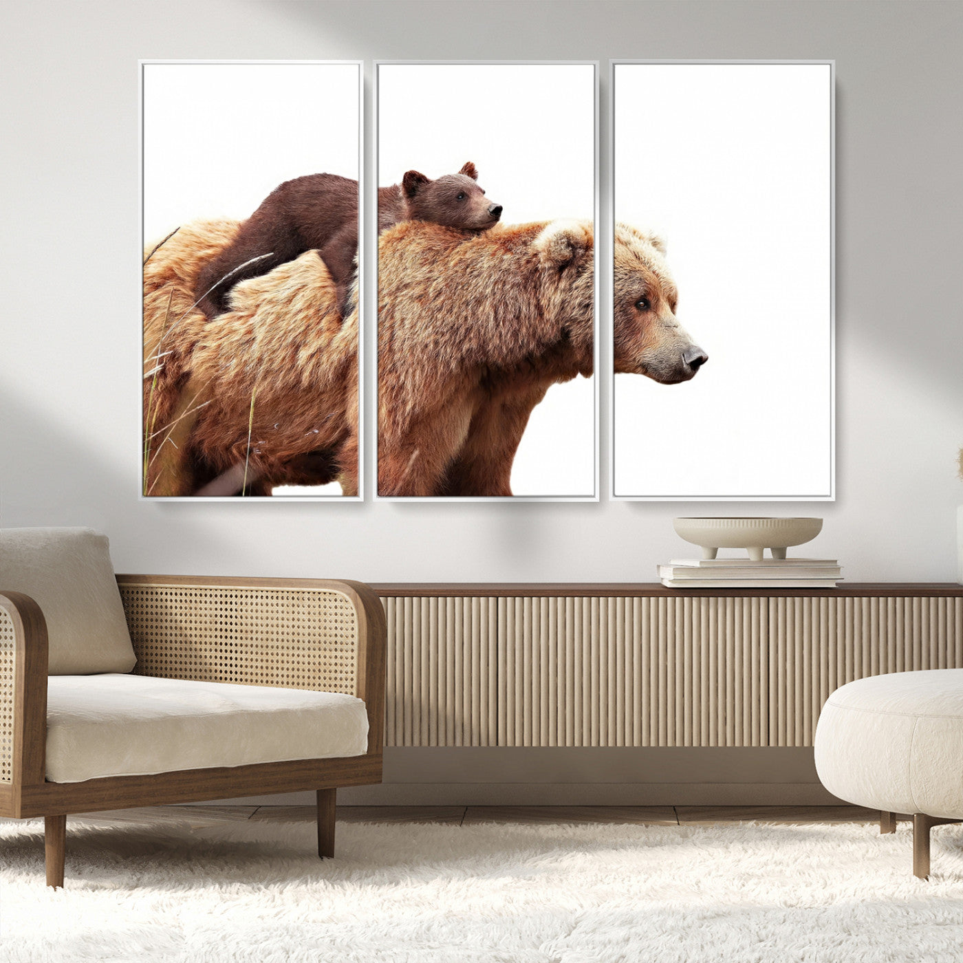 76943-MGV-FC-48X32-3P_White-Mom Bear Wall Art Canvas Print, Framed Bear Photography Art Picture Print, Rustic Bear and Cub Perfect Rustic Farmhouse Decor